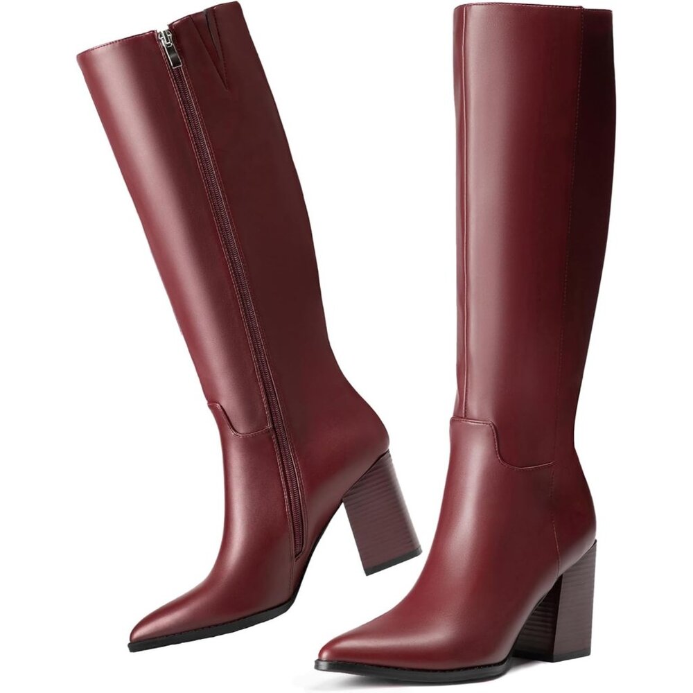 ⚡Women's Burgundy Knee High Boots Sexy Pointed Toe Block Heel Zipper Fashion
